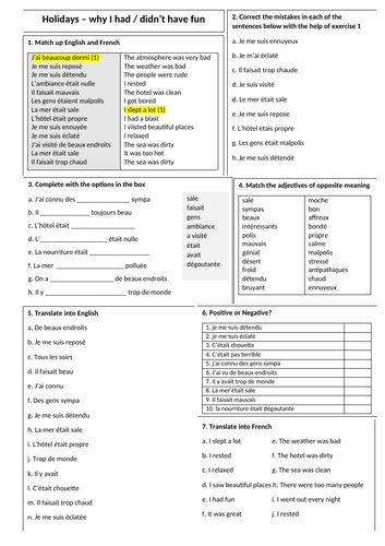 French Holidays - Why I had / didn't have fun (sentence builders and vocab builders)