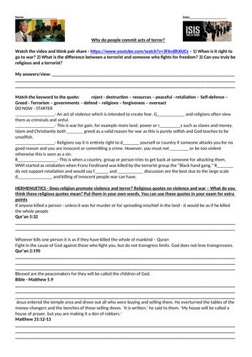 AQA - GCSE - Religious Studies - Religion Peace and Conflict Worksheet  - Terrorism