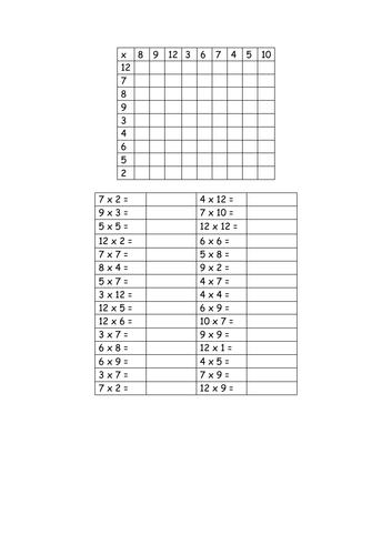 Times tables practice grid questions