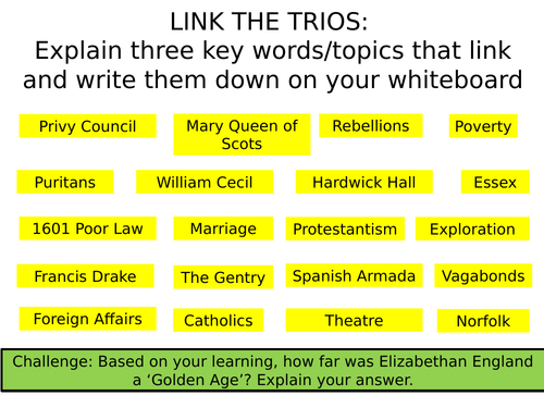 AQA 8145 Elizabethan England - trio discussion starter with challenge activity