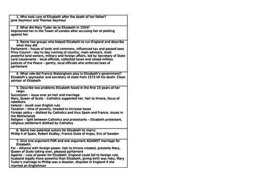 AQA 8145 Elizabethan England - power, court, marriage and parliament starter for 10 and answers