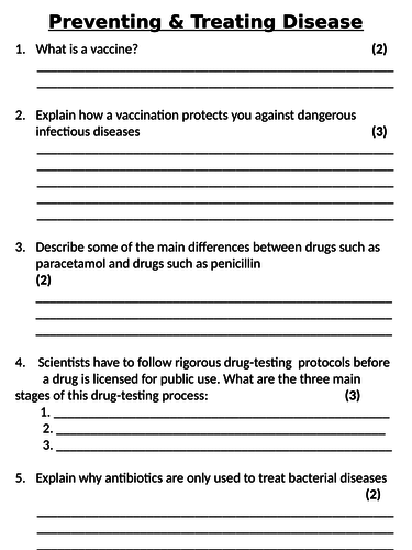 NEW AQA GCSE Trilogy (2016) Biology - Preventing & Treating Disease Homework