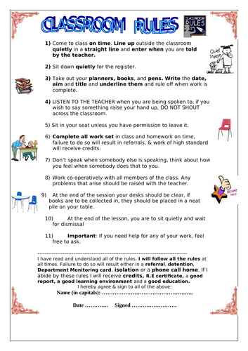 Classroom rules and Pupil monitoring card Outstanding