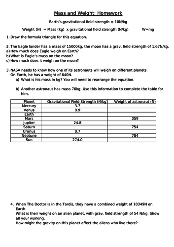 Mass and Weight Calculation sheet