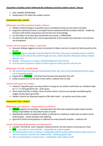 'Augustine's teachings can't withstand challenges posed by science' OCR Religious Studies ESSAY PLAN