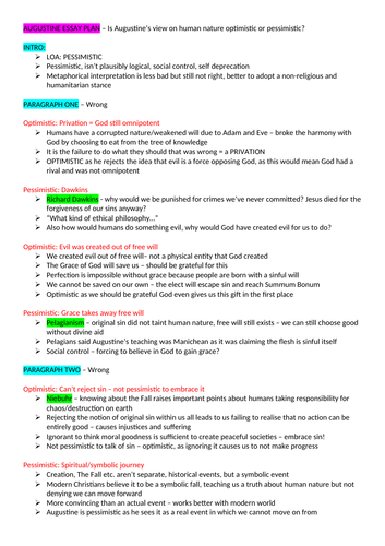 'Is Augustine's view on human nature optimistic or pessimistic?' OCR Religious Studies ESSAY PLAN