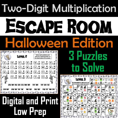 Halloween Escape Room Math: Two Digit Multiplication Game for 3rd 4th 5th Grade