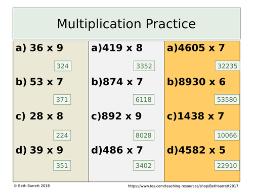 Multiplication Practice - Differentiated with answer - Mutliplying by a unit
