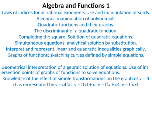 Algebra and Functions Pure Mathematics 1 PowerPoint