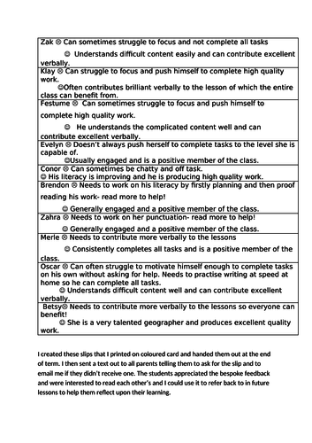 Student and parent friendly bespoke feedback cards- TEMPLATE