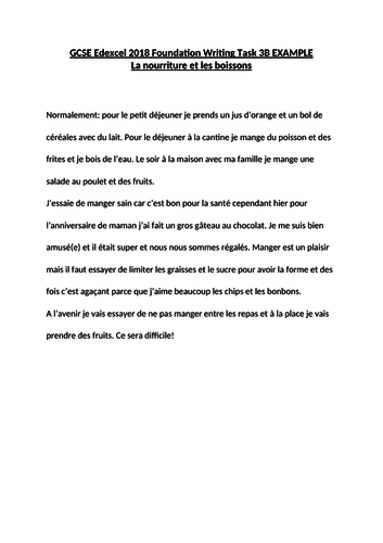 GCSE Edexcel 2018 Foundation Writing Task 3B EXAMPLE - La nourriture et les boissons