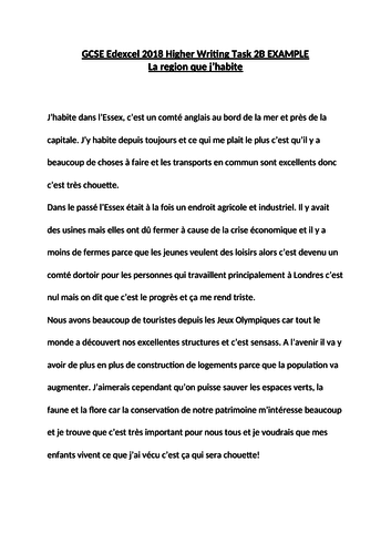 GCSE Edexcel 2018 Higher Writing Task 2B EXAMPLE - La region que j'habite