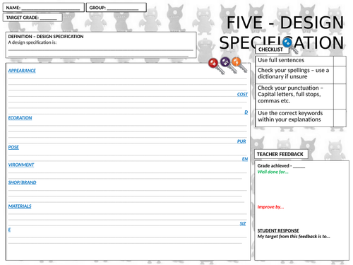 Design specification worksheet and differentiated writing frame