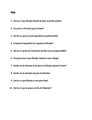 King Reading quiz in French