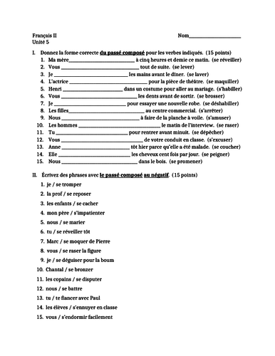 Blanc Unit 5 Test Passé composé of reflexive verbs