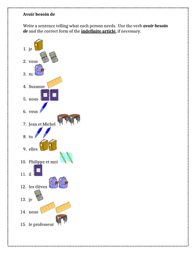Fournitures scolaires (School Supplies in French) Worksheet