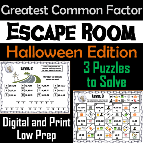 Halloween Escape Room Math: Greatest Common Factor Game (4th 5th 6th 7th Grade)