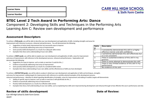 BTEC Tech Award in Performing Arts Component 2 Log Book - Learning Aim C