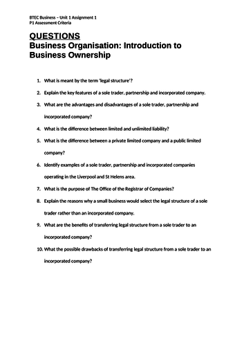 L3 BTEC Business (2016 Spec) Unit 1 Exploring Business P1 - Features of Businesses