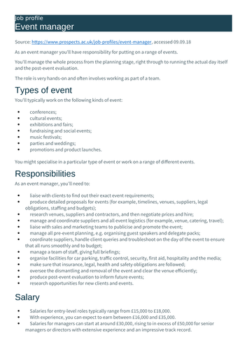 L3 BTEC Business (2016 spec) Unit 4 Managing an Event - P1 Role and Skills of Events Organiser