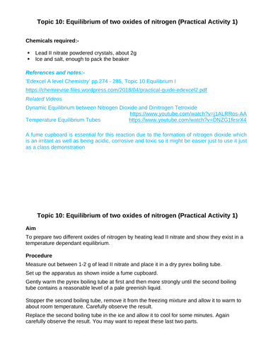 Edexcel chemistry Topic 10 Equilibrium of two oxides of nitrogen (Practical Activity 1)