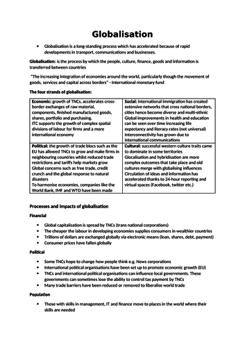 Globalisation, Edexcel A level Geography revision notes