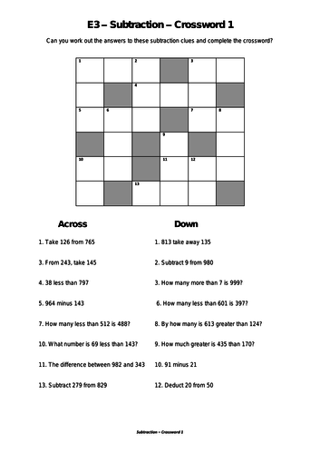 Subtraction - Crossword 1