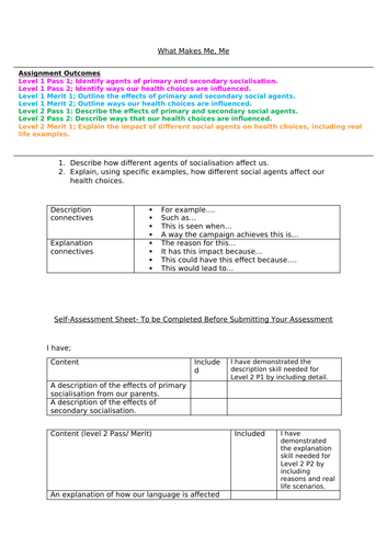 Year 9 Health & Social Care; What Makes Me, Me (Socialisation) Multiple Lessons and Assessment