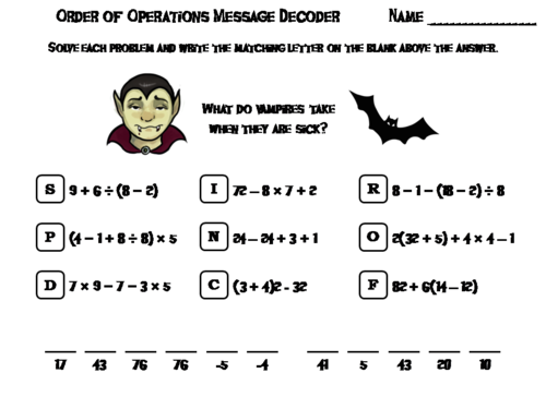 Halloween Math Activity: Order of Operations Message Decoder