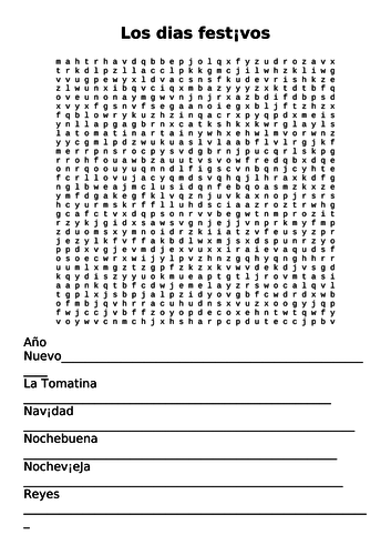 WORDSEARCH KS2 Spanish;Holidays,Dias festivos