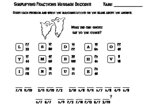 Halloween Math Activity: Simplifying Fractions Message Decoder