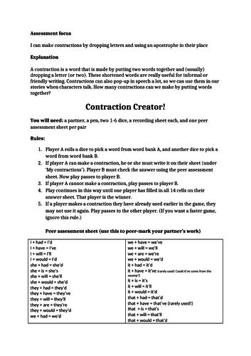 Contractions, two dice games, presentation, support activity