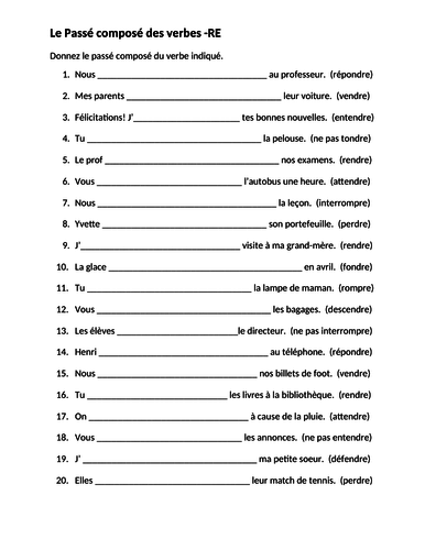 Passé Composé RE French Verbs Worksheet 1