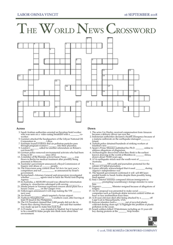 The World News Crossword - September 16th, 2018