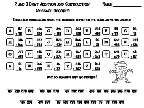 2 and 3 Digit Addition and Subtraction W-W/O Regrouping Halloween Math Activity