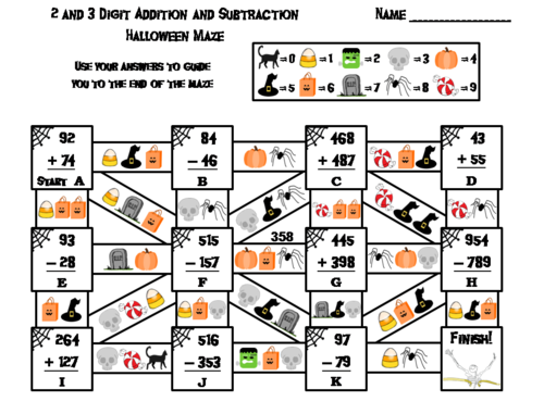 2 and 3 Digit Addition and Subtraction W-W/O Regrouping Halloween Math Maze