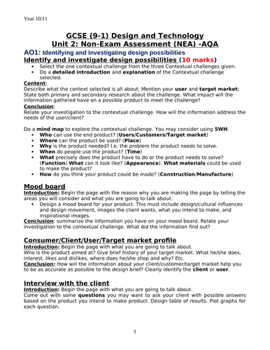 AQA GCSE Design and Technology (8552) NEA Unit 2 - Coursework prompt ...
