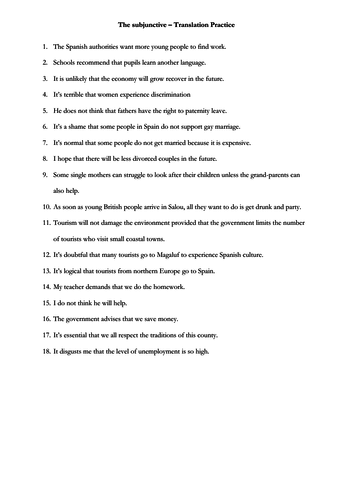 a level spanish grammar subjunctive formation practice translation with answers teaching resources