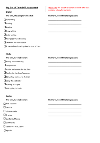 End of term self-assessment (KS2/5th-6th class) Editable