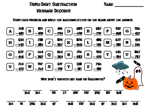 Triple Digit Subtraction With and Without Regrouping Halloween Math Activity