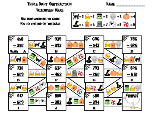 Triple Digit Subtraction With and Without Regrouping Halloween Math Maze