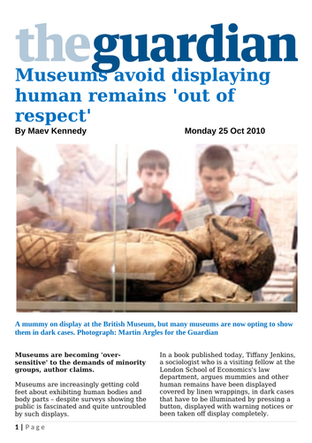 Newspaper article - Museums avoid displaying human remains 'out of respect'