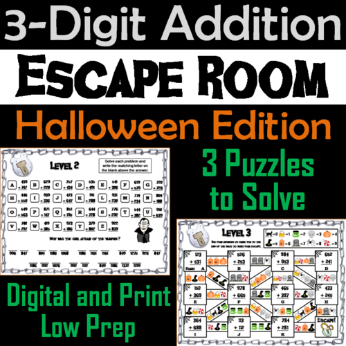 Triple Digit Addition With and Without Regrouping Game: Halloween Escape Room