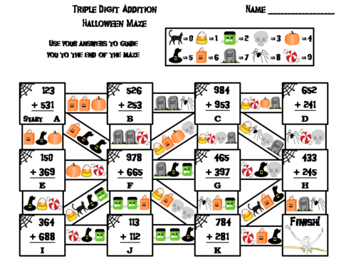 Triple Digit Addition With and Without Regrouping Halloween Math Maze