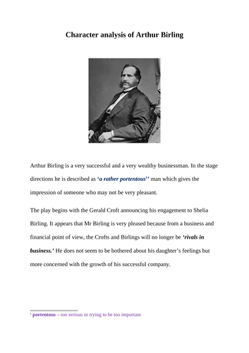 Arthur Birling Character Analysis: An Inspector Calls for students working at Level 5 to Level 9