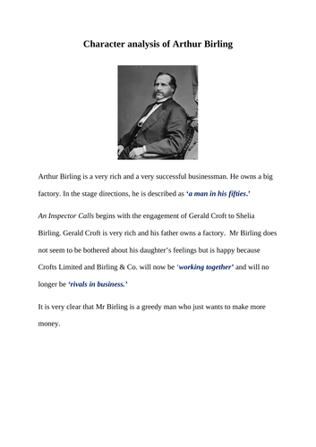 Arthur Birling Character Analysis: An Inspector Calls for students working towards Level 4