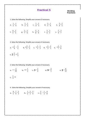 KS3 Lesson Worksheet - Fractions (Dividing)