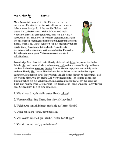 German Conjunctions Reading:  Mein Handy Text