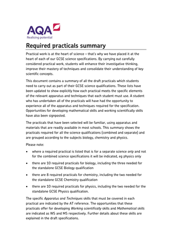 AQA new specification-REQUIRED PRACTICALS 1-10-Worksheets