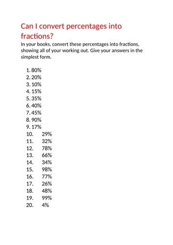 Converting percentages into fractions worksheets - LA/MA/HA
